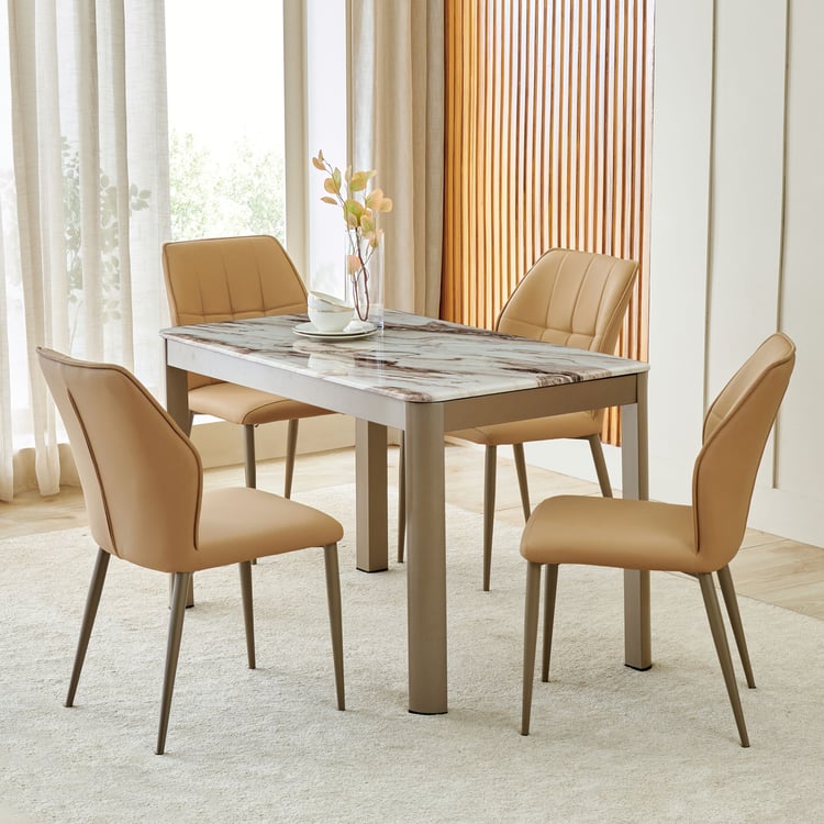 Glam Faux Marble Top 4-Seater Dining Set with Chairs - Beige