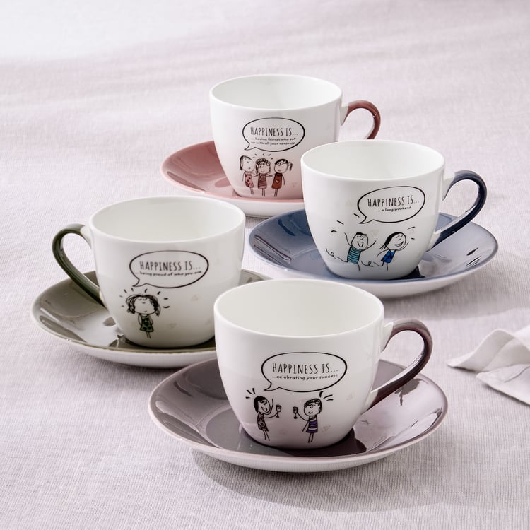 Melina Leonard Set of 4 Bone China Printed Cup and Saucer - 210ml