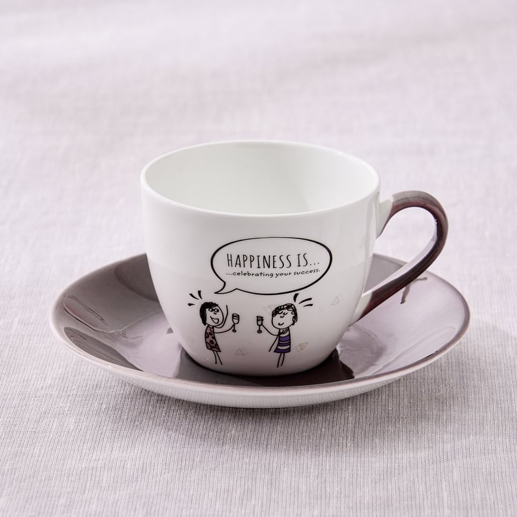 Melina Leonard Set of 4 Bone China Printed Cup and Saucer - 210ml