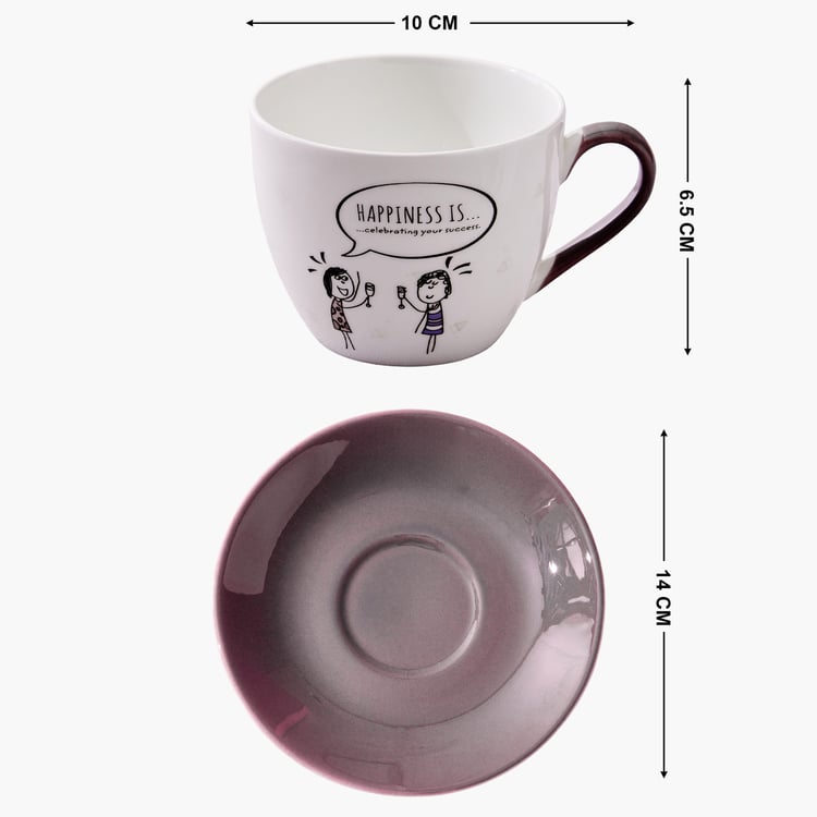 Melina Leonard Set of 4 Bone China Printed Cup and Saucer - 210ml