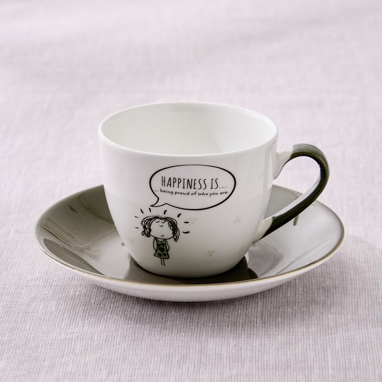 Melina Leonard Set of 4 Bone China Printed Cup and Saucer - 210ml