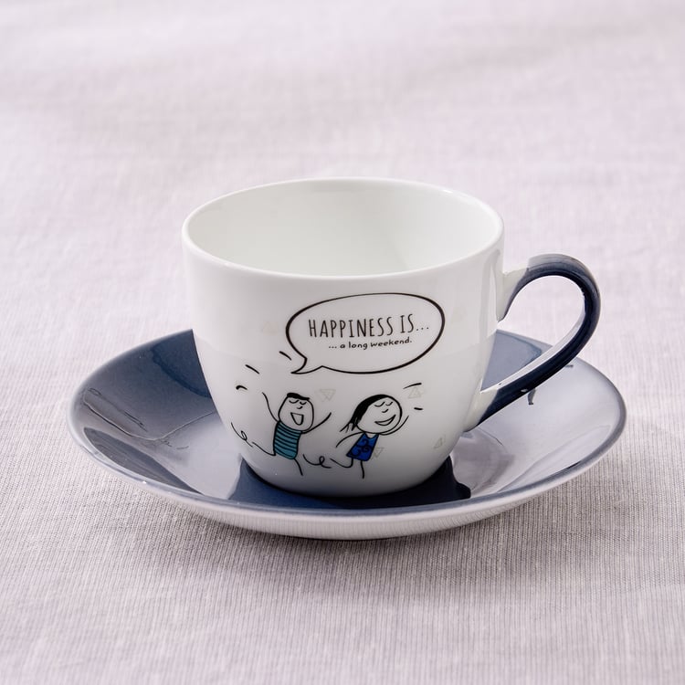 Melina Leonard Set of 4 Bone China Printed Cup and Saucer - 210ml