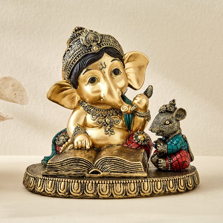 Alpana Ojas Polyresin Ganesha Reading Book with Mouse Figurine