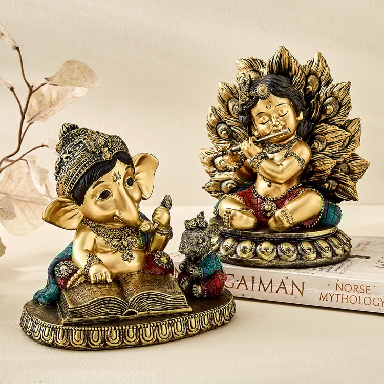 Alpana Ojas Polyresin Ganesha Reading Book with Mouse Figurine