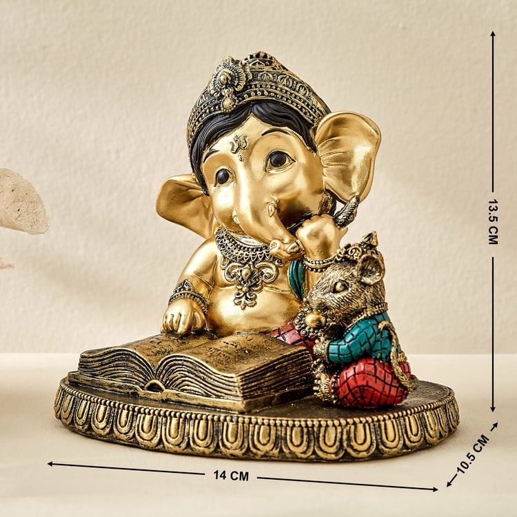 Alpana Ojas Polyresin Ganesha Reading Book with Mouse Figurine