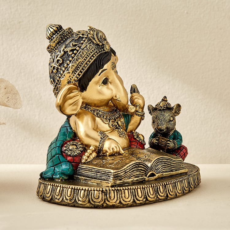 Alpana Ojas Polyresin Ganesha Reading Book with Mouse Figurine