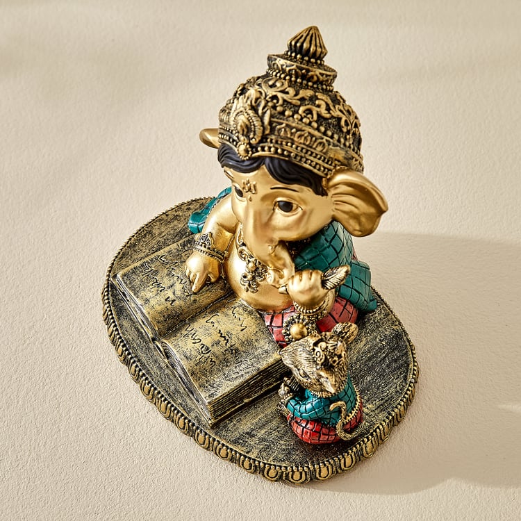Alpana Ojas Polyresin Ganesha Reading Book with Mouse Figurine