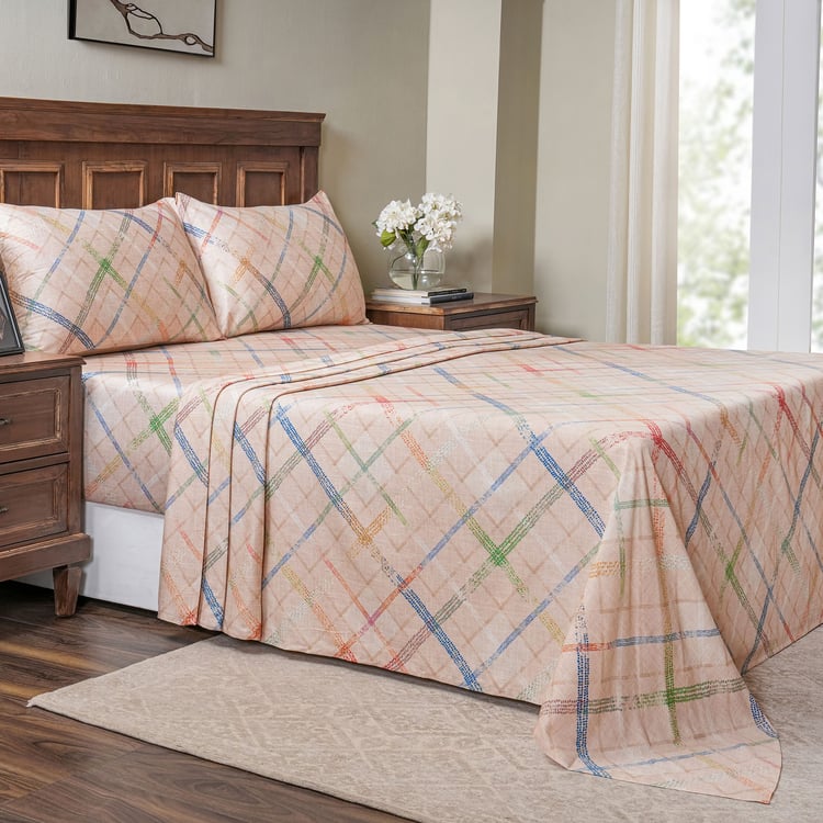 MASPAR Eclectic Geo Cotton 200TC Checked 3Pcs King Bedsheet Set