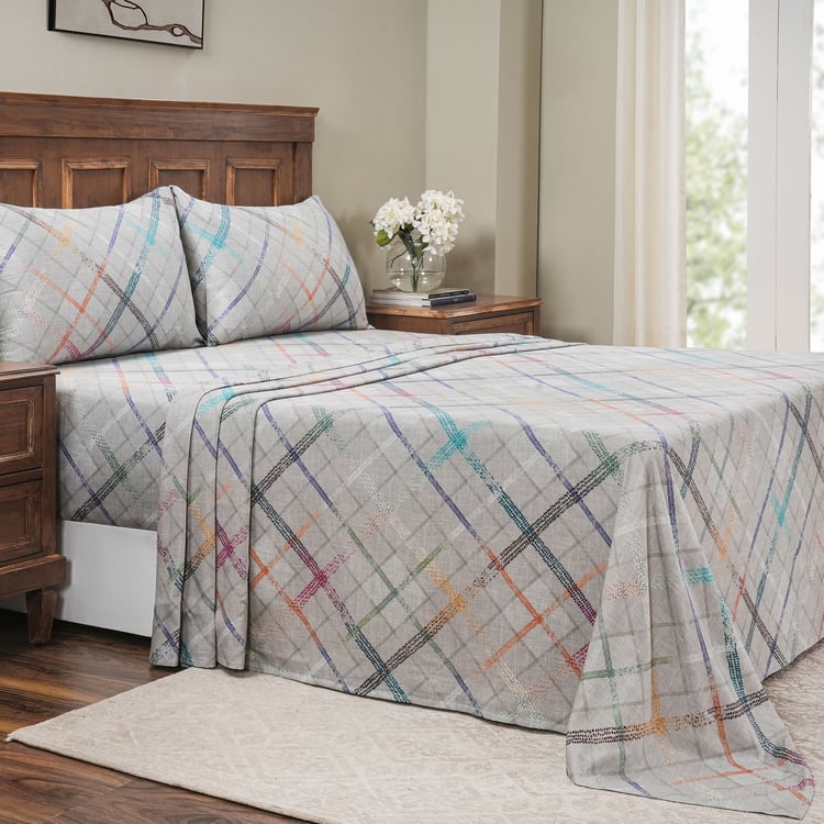 MASPAR Eclectic Geo Cotton 200TC Checked 3Pcs King Bedsheet Set