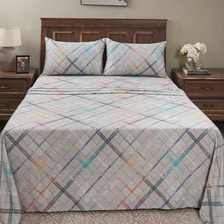 MASPAR Eclectic Geo Cotton 200TC Checked 3Pcs King Bedsheet Set