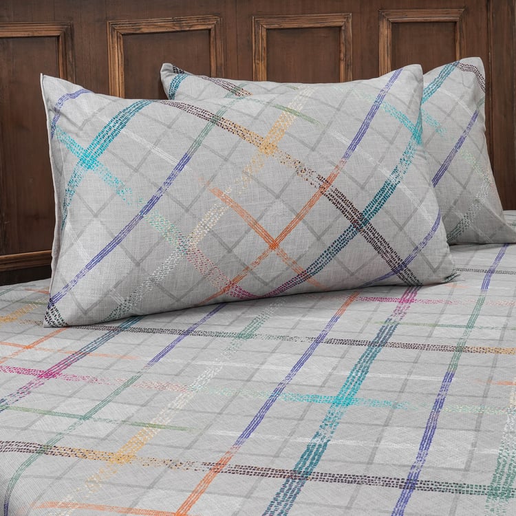 MASPAR Eclectic Geo Cotton 200TC Checked 3Pcs King Bedsheet Set