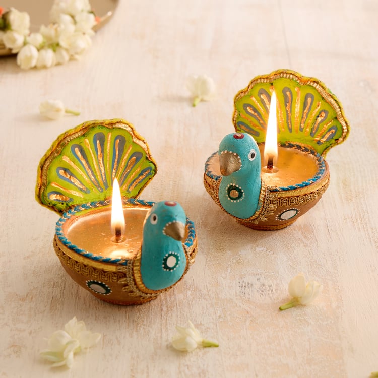 Utsav Set of 2 Earthen Clay Embellished Peacock Diyas