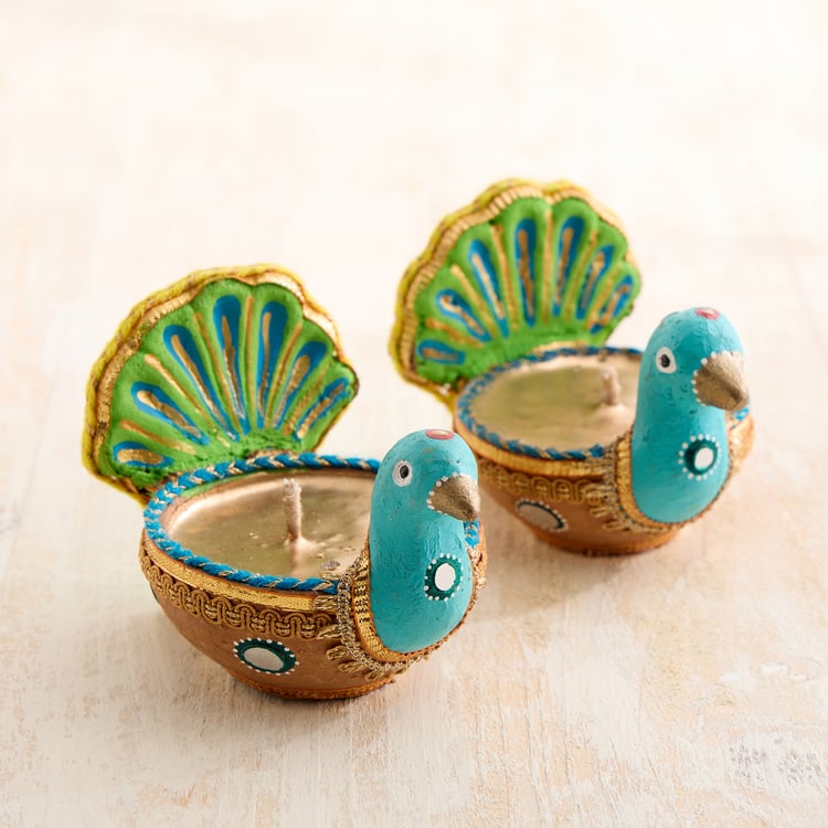 Utsav Set of 2 Earthen Clay Embellished Peacock Diyas