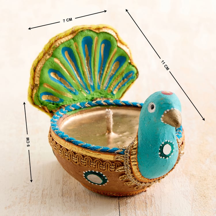 Utsav Set of 2 Earthen Clay Embellished Peacock Diyas
