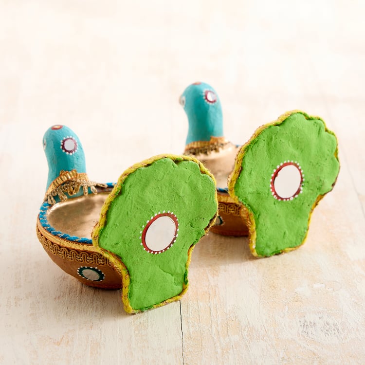 Utsav Set of 2 Earthen Clay Embellished Peacock Diyas