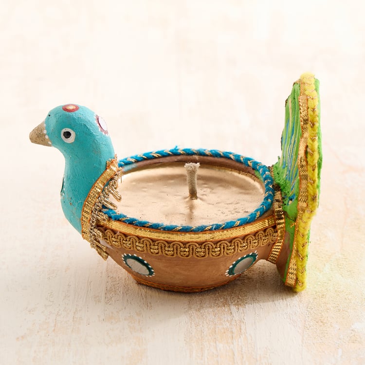 Utsav Set of 2 Earthen Clay Embellished Peacock Diyas