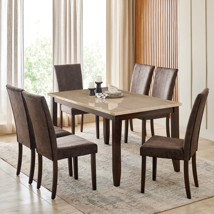 Helios Casper Faux Marble Top 6-Seater Dining Set with Chairs - Brown