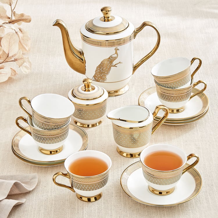 Ebony Peacock 15Pcs Bone China Printed Tea Set