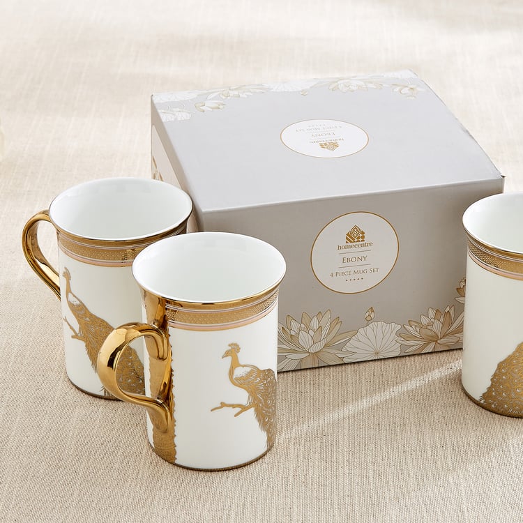 Ebony Annie Set of 4 Bone China Peacock Print Coffee Mugs - 390ml