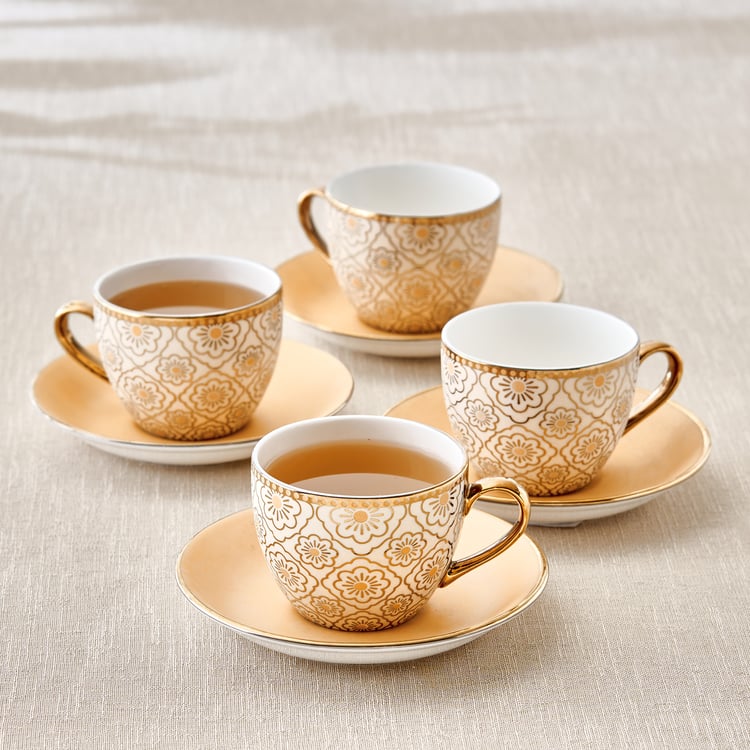 Mandarin Iris Hoja Set of 4 Bone China Printed Cup and Saucer -180ml