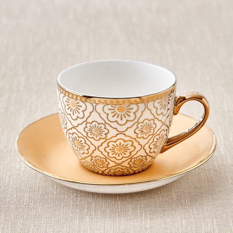 Mandarin Iris Hoja Set of 4 Bone China Printed Cup and Saucer -180ml