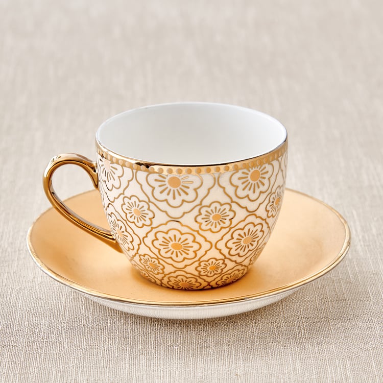 Mandarin Iris Hoja Set of 4 Bone China Printed Cup and Saucer -180ml