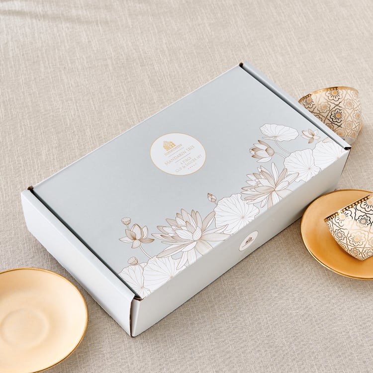 Mandarin Iris Hoja Set of 4 Bone China Printed Cup and Saucer -180ml
