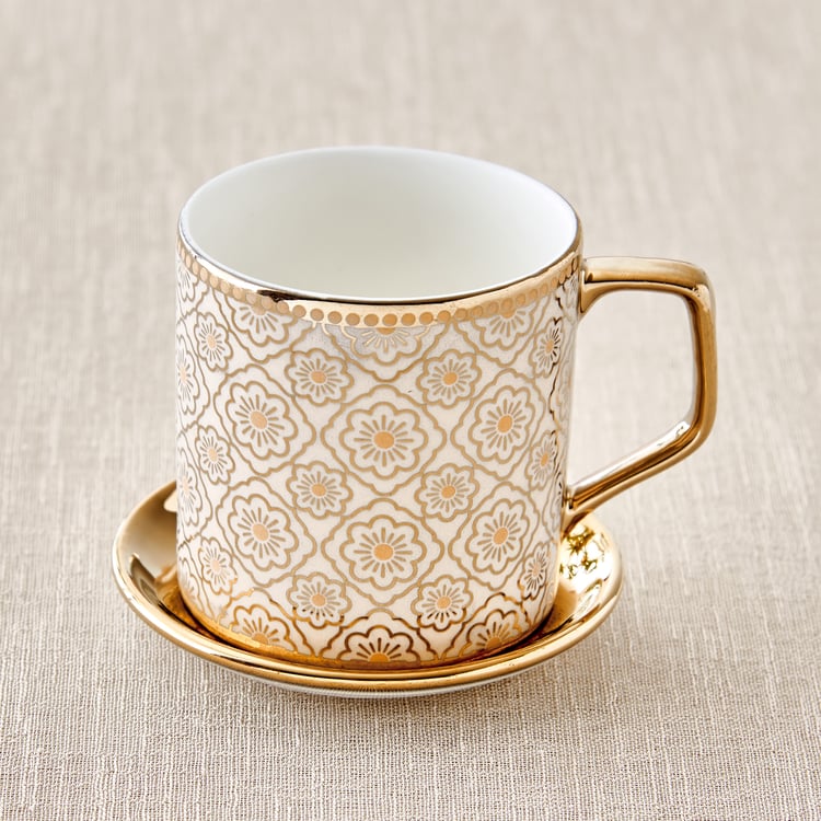 Mandarin Iris Hoja Set of 6 Bone China Printed Cup and Saucer - 220ml
