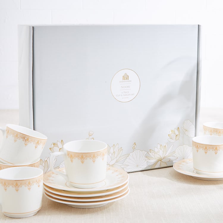 Noori Swan Set of 6 Bone China Printed Cup and Saucer -190ml