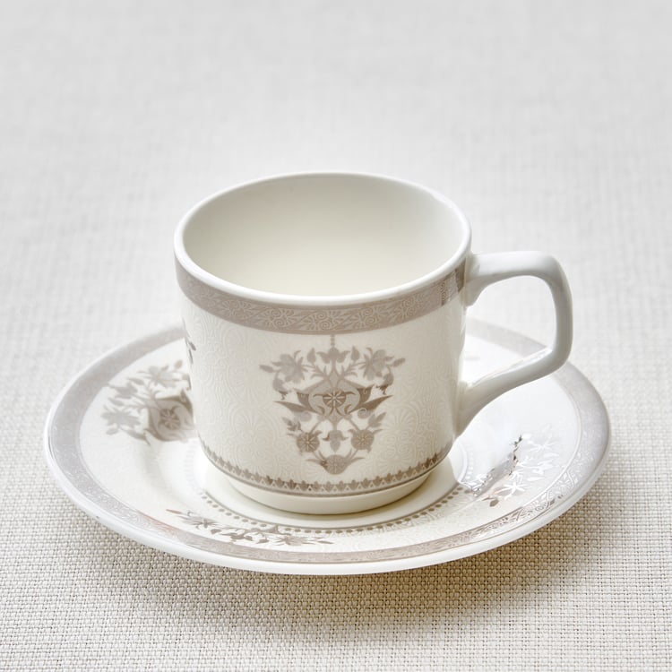 Noori Platina Set of 6 Bone China Printed Cup and Saucer - 190ml