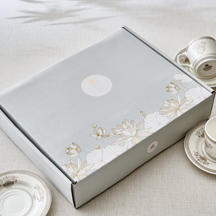 Noori Platina Set of 6 Bone China Printed Cup and Saucer - 190ml
