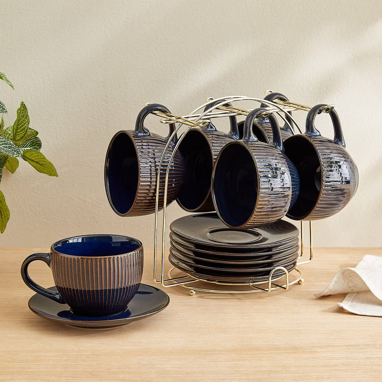 Caraway Somber Set of 6 Stoneware Cups and Saucers with Metal Stand - 220ml