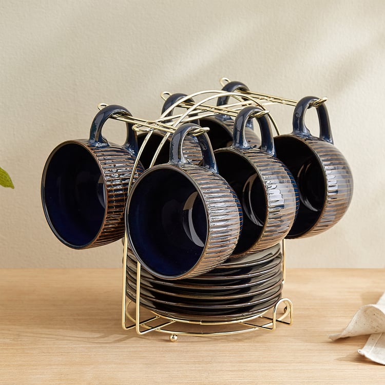 Caraway Somber Set of 6 Stoneware Cups and Saucers with Metal Stand - 220ml