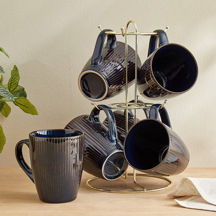 Caraway Somber Set of 6 Stoneware Coffee Mugs with Metal Stand - 325ml