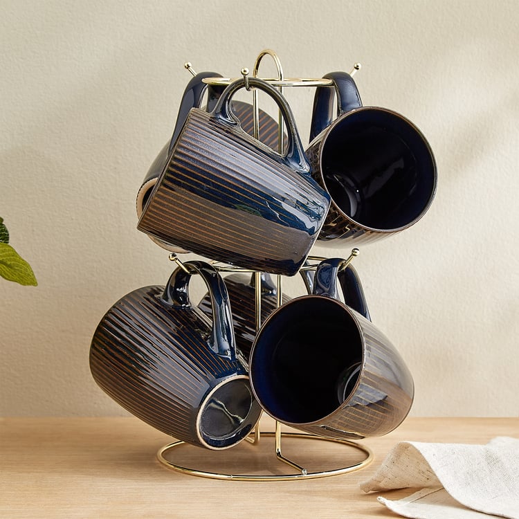 Caraway Somber Set of 6 Stoneware Coffee Mugs with Metal Stand - 325ml