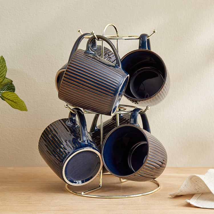 Caraway Somber Set of 6 Stoneware Coffee Mugs with Metal Stand - 220ml