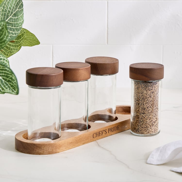 Chefs Pride Bristol Set of 4 Glass Spice Jars with Acacia Wood Stand - 90ml