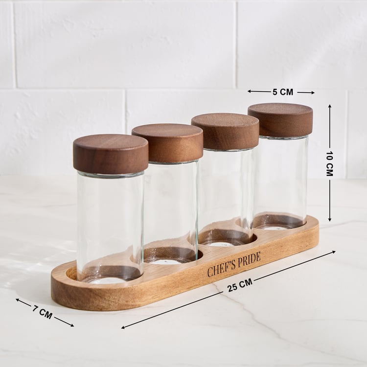 Chefs Pride Bristol Set of 4 Glass Spice Jars with Acacia Wood Stand - 90ml