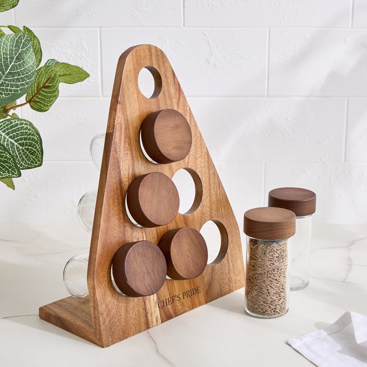 Chefs Pride Bristol Set of 6 Glass Spice Jars with Acacia Wood Stand - 90ml