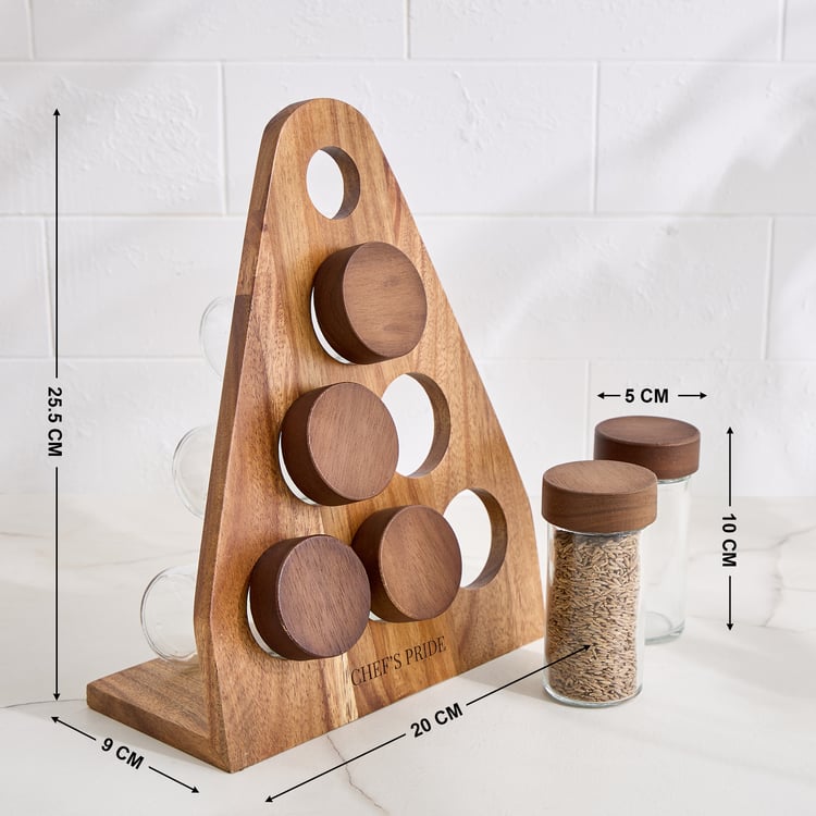 Chefs Pride Bristol Set of 6 Glass Spice Jars with Acacia Wood Stand - 90ml