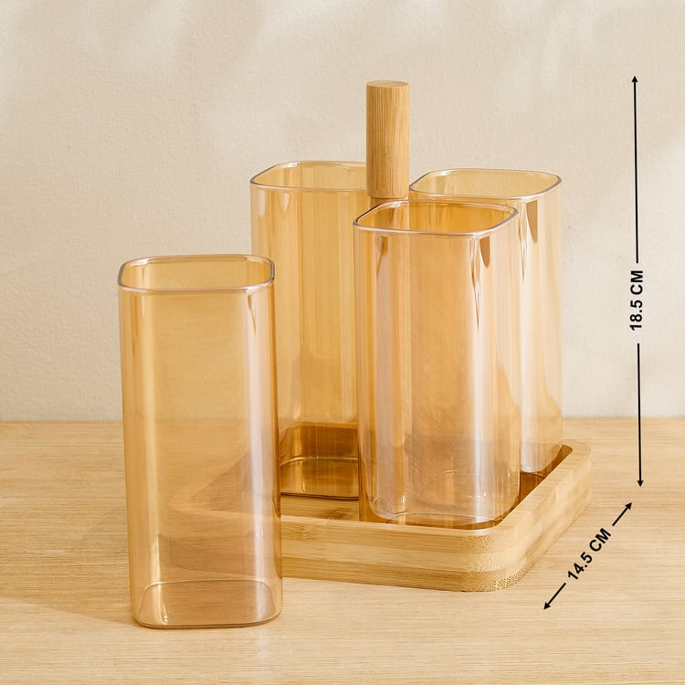 Elvo Seong Set of 4 Borosilicate Glass Tumblers with Bamboo Holder - 380ml
