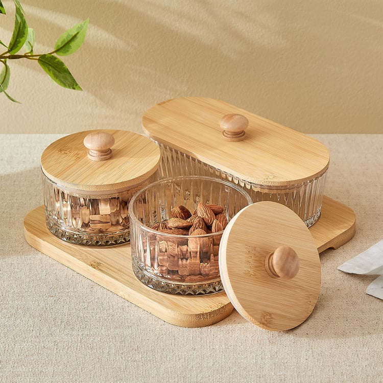 Vamos Louisa Set of 3 Glass Serving Bowls with Bamboo Tray