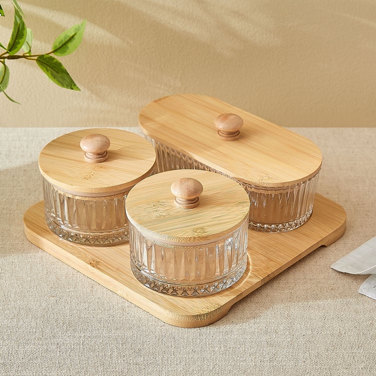 Vamos Louisa Set of 3 Glass Serving Bowls with Bamboo Tray