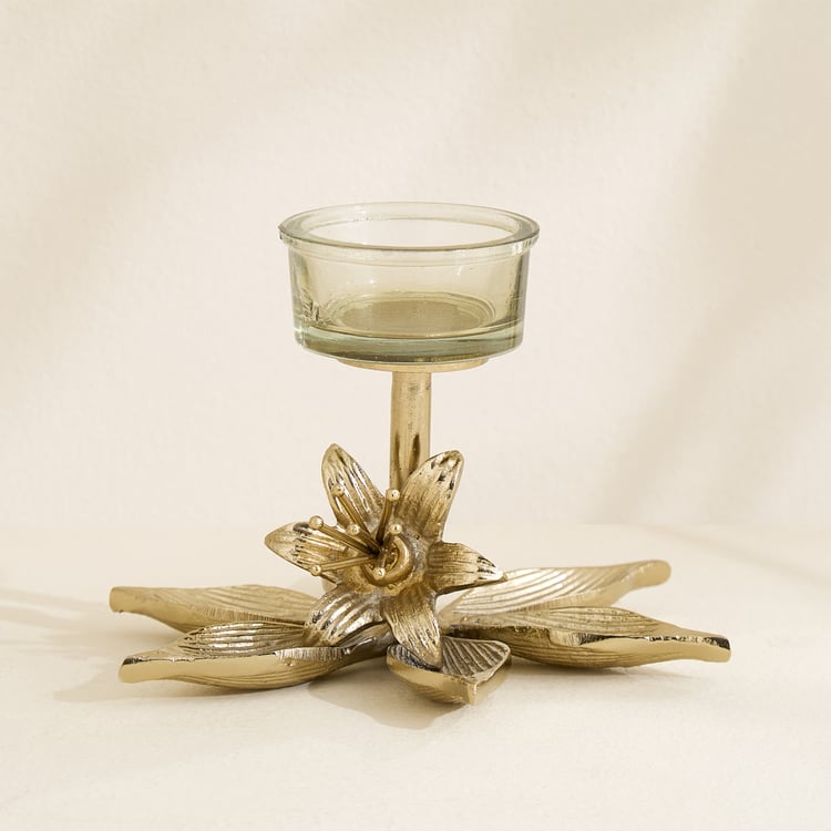 Amara Ava Glass and Aluminium Floral T-Light Holder