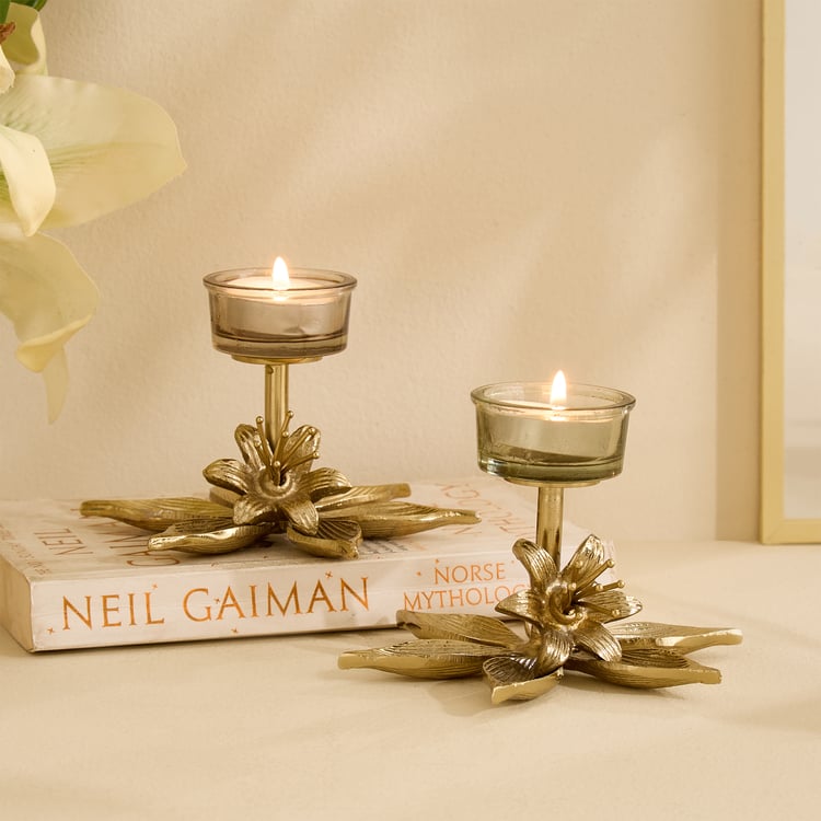 Amara Ava Glass and Aluminium Floral T-Light Holder