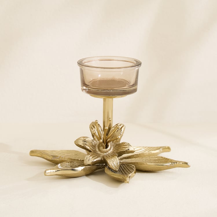 Amara Ava Glass and Aluminium Floral T-Light Holder