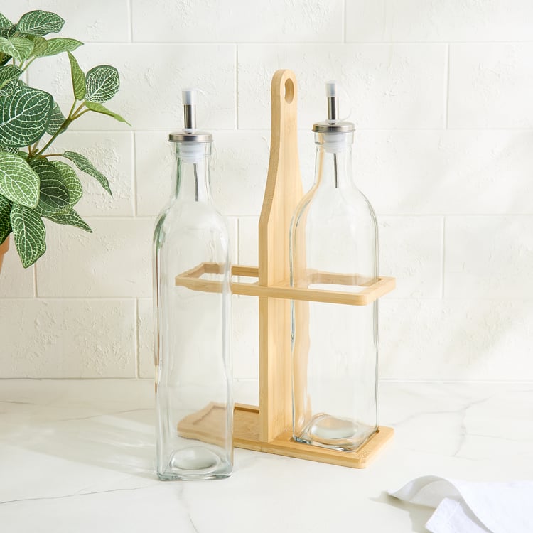 Regal Luxe Verbia Set of 2 Glass Oil Dispensers with Bamboo Stand - 500ml