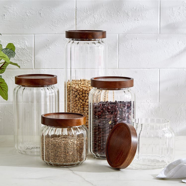 Vault Malva Set of 5 Glass Storage Canisters with Acacia Wood Lid