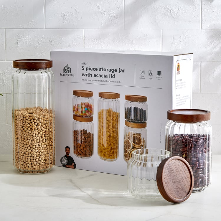 Vault Malva Set of 5 Glass Storage Canisters with Acacia Wood Lid