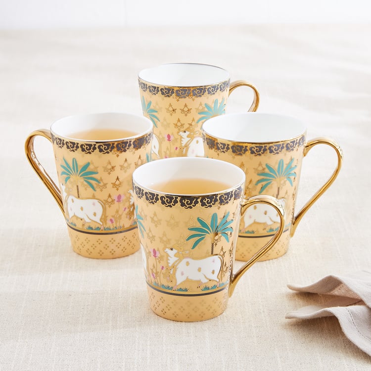 Corsica Iris Zing Set of 4 Bone China Printed Coffee Mugs - 320ml